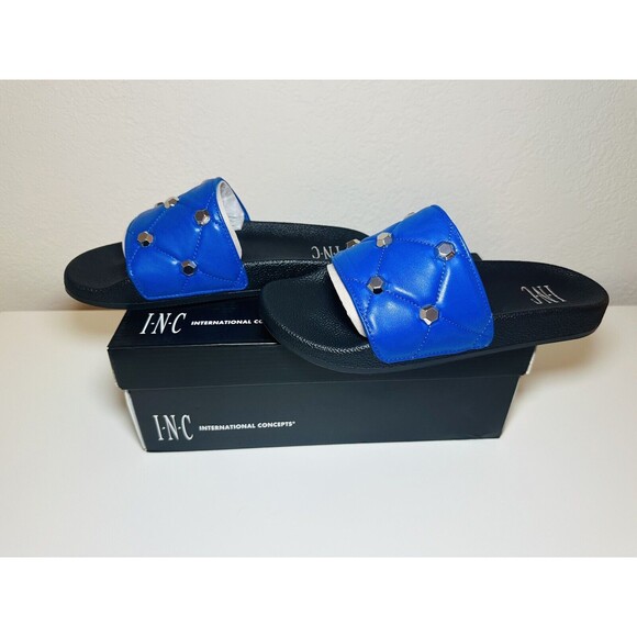 INC‎ International Concepts Peymin Cobalt Quilted Studded Slides Sandals SIZE 8 - Picture 1 of 8